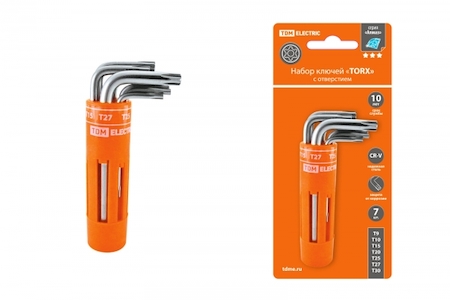 TDM ELECTRIC SQ1021-0101 Набор ключей "TORX" с отверстием 7 шт: T9-T30 (круглый держатель в блистере), CR-V сталь "Алмаз" TDM